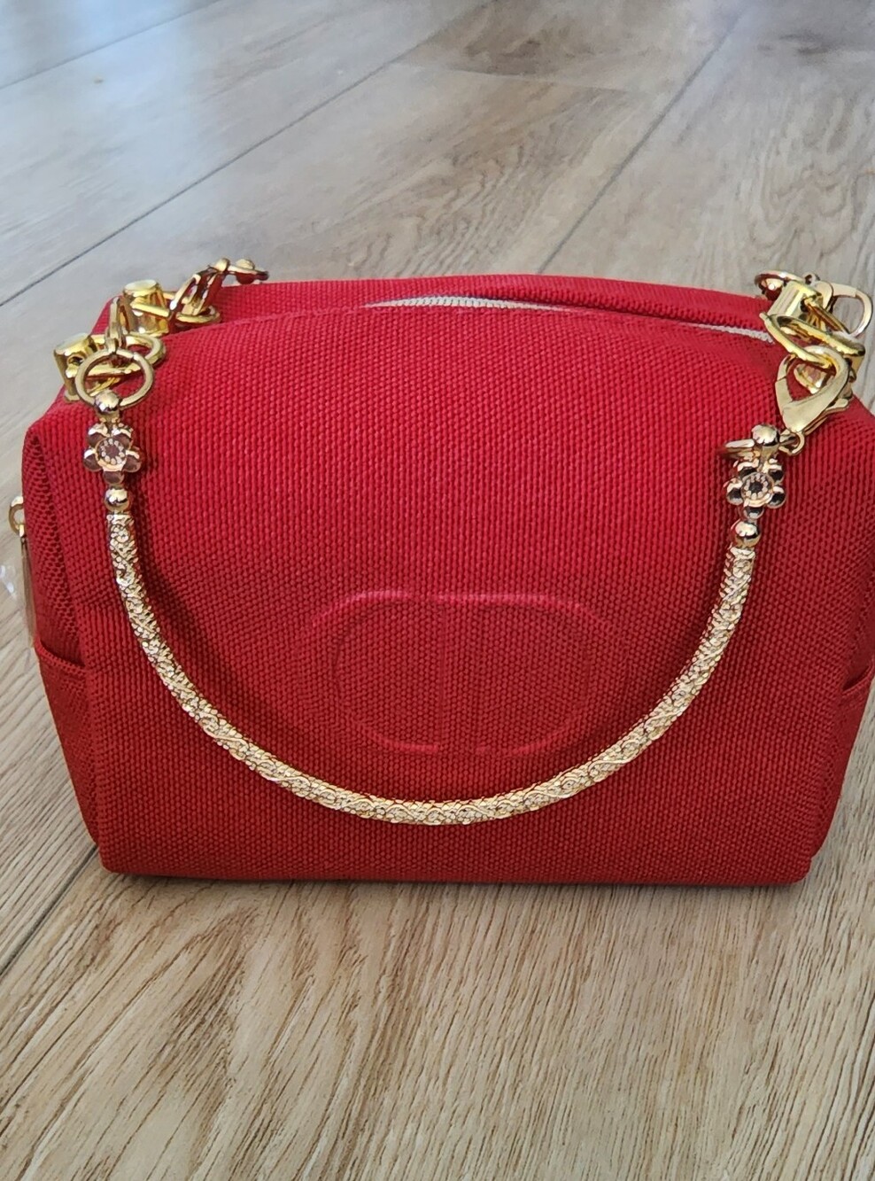 Dior Beauty CD Logo Soft Red Clutch Bag Zip Pouch New With Gold Handles